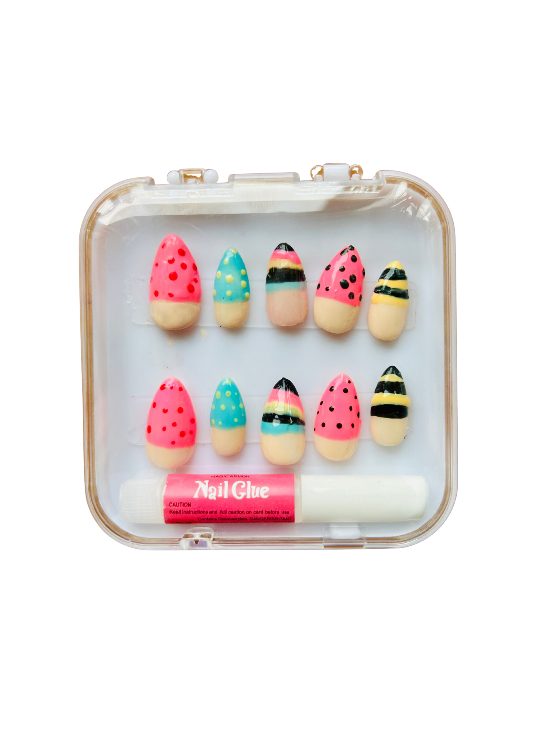 Clear plastic case holding a set of colorful press-on nails arranged in two rows with a tube of nail glue visible at the bottom far edge.