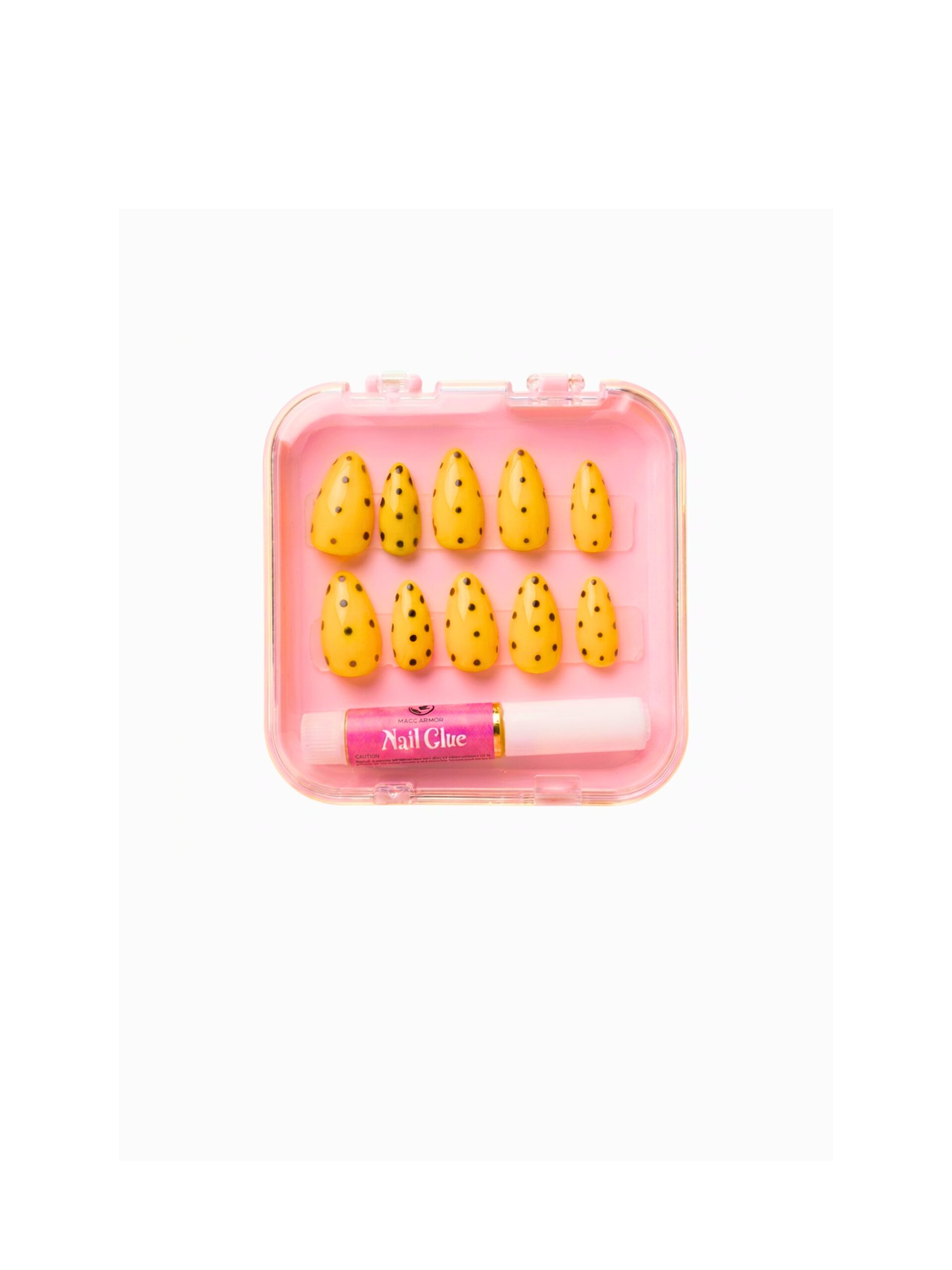 Pink plastic manicure case displaying rows of yellow polka-dotted press-on nails and a small bottle of nail glue inside.